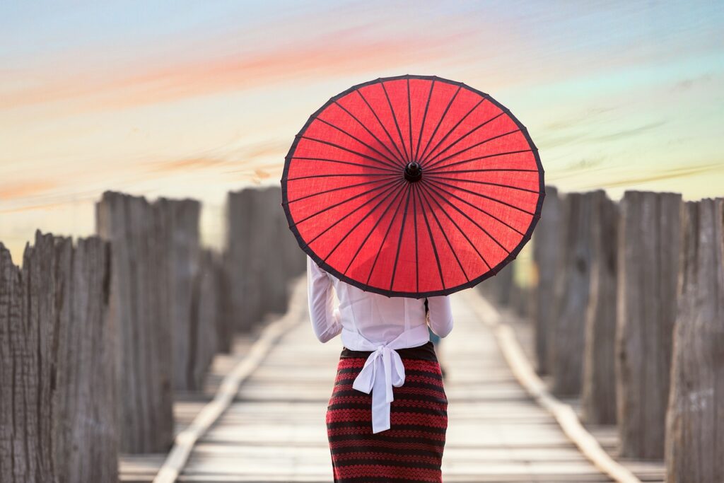 umbrella, woman, boardwalk, parasol, asia, bridge, girl, outdoors, asian woman, pier, sun protection, umbrella, umbrella, umbrella, umbrella, umbrella, asia, bridge, bridge