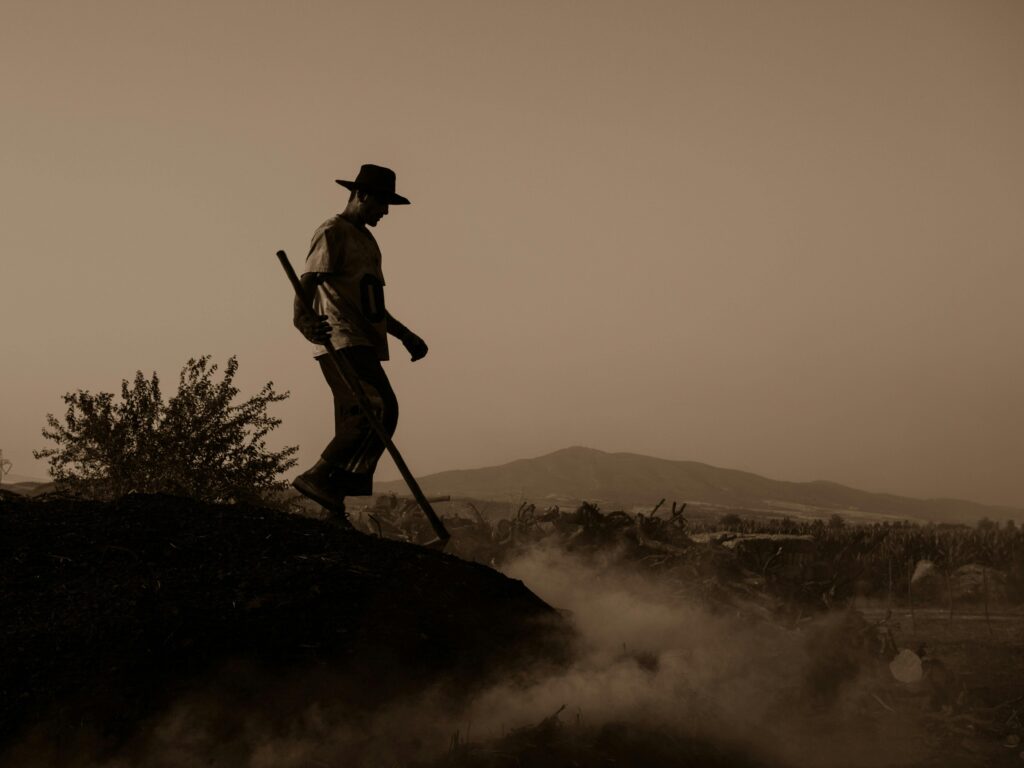 A silhouette of a farmer walking with a hoe at dusk, depicting rural serenity and solitude.